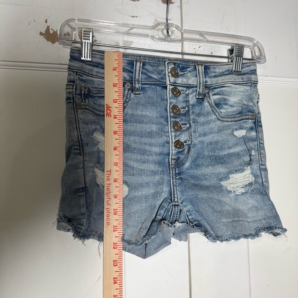 American Eagle Jean Shorts Blue Next Level Stretch Size 0 Rips Button Fly Denim - Picture 3 of 9